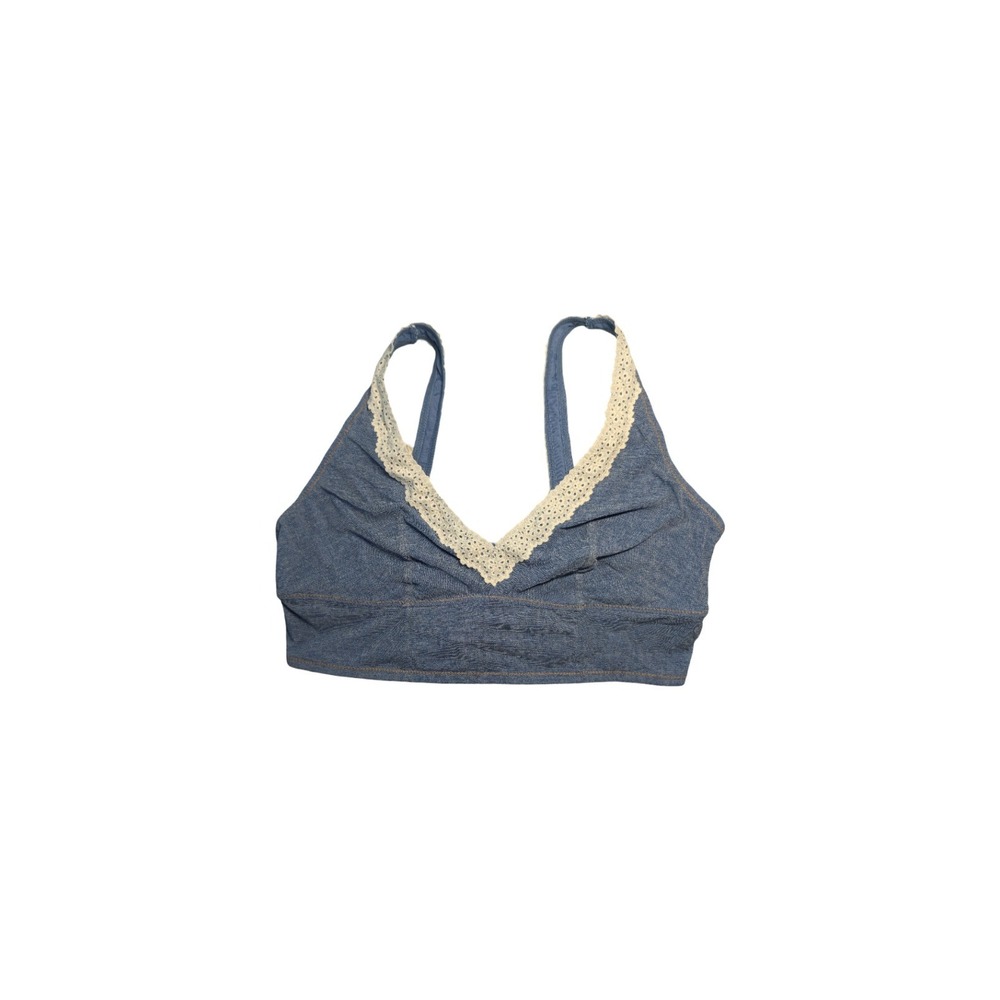 ⭐A7 Colsie Wireless Lace Trim Bralette Bra Wide Strap - Denim Blue Size Large